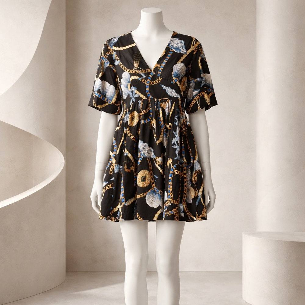 Elegant Black and Gold Chain Print Dress